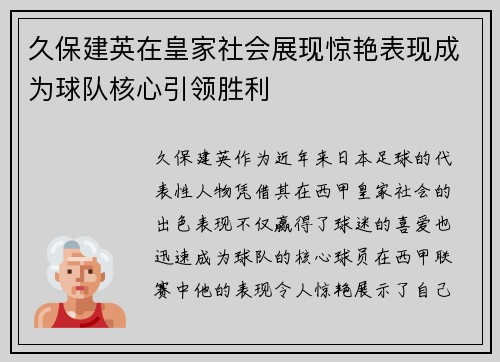 久保建英在皇家社会展现惊艳表现成为球队核心引领胜利 久保建英在皇家社会展现惊艳表现成为球队核心引领胜利
